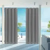 Outdoor curtains hanging in a modern setting with a view of the ocean and a swimming pool. Produktbild-Vorschau