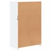 The back of a white sideboard with a brown particle board back panel. Voir les images du produit
