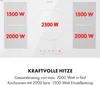 A top-down view of a white induction cooktop with power levels displayed on each zone. Produktbild-Vorschau