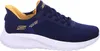 A side view of a navy blue Skechers sneaker with yellow accents. Voir les images du produit