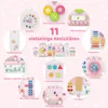 A collage of different activities on a pink background, showcasing a children's activity wall. Produktbild-Vorschau