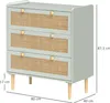A light green dresser with rattan-look drawer fronts and wooden legs, with dimensions indicated. Produktbild-Vorschau