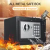 A safe box is shown with fire and water effects, indicating its waterproof and fireproof features. A hammer is shown breaking apart, implying durability. Produktbild-Vorschau