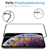 A screen protector is shown from above, placed on a smartphone with a colorful abstract wallpaper. Diagrams illustrating the screen protector's features are also present. Produktbild-Vorschau