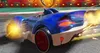 A blue and white racing car with red wheels is speeding on a track, leaving a trail of yellow light and smoke. Náhled obrázku produktu