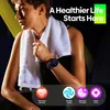 A woman wearing a smartwatch and a towel around her neck, with icons representing health features at the bottom. Podgląd zdjęcia produktu