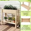 A wooden raised garden bed with plants and flowers on a deck, with inset images highlighting features. Podgląd zdjęcia produktu