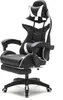 A black and white gaming chair with a footrest is shown against a white background. Produktbild-Vorschau