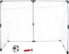 A soccer goal with a soccer ball and a pump in front of it, on a white background. Produktbild-Vorschau