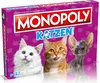The image shows the front of a Monopoly board game box with a cat theme. Three cats are prominently featured on the box. Produktbild-Vorschau