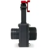 A close-up side view of a plastic valve with a red handle, against a white background. Produktbild-Vorschau