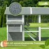A close-up view of a chicken coop with a detailed inset of the roof material and text overlays highlighting features. Produktbild-Vorschau