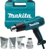 A Makita heat gun and its accessories are displayed against a white background, along with its teal carrying case. Podgląd zdjęcia produktu
