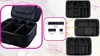 A collage of images showing a black makeup organizer case and its internal dividers with dimensions. Náhľad obrázku produktu