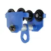 A blue trolley hoist with black wheels and a metal cable is shown against a white background. Produktbild-Vorschau