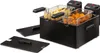 A black double deep fryer with two frying baskets filled with food, placed on a white background. Produktbild-Vorschau