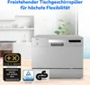 A silver countertop dishwasher is shown in a kitchen setting, with awards and certifications displayed in the foreground. Produktbild-Vorschau