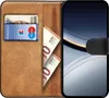 A brown leather book-style phone case with slots for cards and cash, open to reveal a smartphone screen. Anteprima dell’immagine prodotto