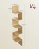 A wooden corner shelf unit with five staggered shelves, some with decorative rattan-like sides, against a plain background. Produktbild-Vorschau