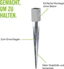 A metal ground spike with a square top, used for securing posts. It has text labels indicating its features. Produktbild-Vorschau
