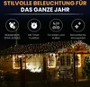 A house decorated with many small lights, with icons and text describing the product's features above. Produktbild-Vorschau