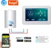 A collage of images showing a smart thermostat, a water heater, a smartphone app, and compatibility logos. Náhľad obrázku produktu