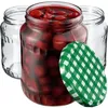 Three glass jars, one filled with cherries and syrup, and a green and white checkered lid. Anteprima dell’immagine prodotto