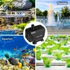 A collage of four images showing different applications of a water pump: a pond, a fountain, an aquarium, and a hydroponic garden. A close-up of the water pump is also included. Produktbild-Vorschau