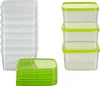 A collection of clear plastic food storage containers with green lids, stacked and arranged on a white background. Produktbild-Vorschau