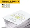 A stack of paper with a diagram on top, with text indicating page counts for black and color printing. Produktbild-Vorschau