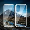 A clear phone case and screen protector are shown with a mountain landscape reflected on them. Produktbild-Vorschau