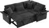 A dark gray sectional sofa with a pull-out bed feature, cup holders, and storage compartments. Produktbild-Vorschau