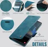 A teal leather wallet-style phone case is shown open, displaying its features. Produktbild-Vorschau