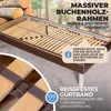 A close-up view of a bed frame with wooden slats and text overlays highlighting its features. Produktbild-Vorschau