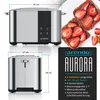 A toaster with dimensions and features listed, alongside toast with strawberries. Produktbild-Vorschau