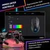 A computer mouse and its software interface are displayed, highlighting customization options for RGB lighting and button mapping. Produktbild-Vorschau