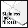 A graphic illustration of a stainless steel surface with text indicating its material. Produktbild-Vorschau