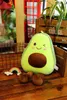 A plush avocado toy sitting on a wooden surface next to a small rainbow decoration. Produktbild-Vorschau