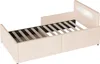A beige upholstered bed frame with a slatted base, shown from a diagonal angle against a white background. Produktbild-Vorschau