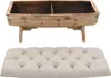 A wooden storage bench with two compartments sits above a tufted fabric ottoman. Produktbild-Vorschau