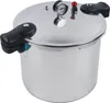 A silver pressure cooker with black handles and red accents is shown against a white background. Podgląd zdjęcia produktu