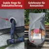 A split image showing a motorcycle cover with a lock and a license plate window. Náhľad obrázku produktu