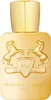 A gold-colored perfume bottle with embossed horses and brand name. Náhled obrázku produktu