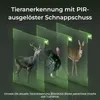 A graphic illustrating animal recognition technology with images of a deer, a turkey, and a deer superimposed on green grids. Produktbild-Vorschau