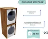 A stacked washing machine and dryer unit within a wooden cabinet, with accompanying text and icons indicating assembly information and weight. Náhled obrázku produktu