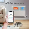 A hand holding a smartphone displaying a smart home app, with a radiator and a cat bed in the background. Produktbild-Vorschau