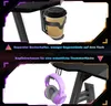 The image shows two close-ups of a gaming desk, highlighting its features: a cup holder and a headphone hook. The top section displays a cup in a holder attached to the desk, with text indicating it's a separate cup holder for less clutter. The bottom sect Voir les images du produit