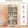 A white bookshelf filled with children's toys and books, set against a pastel pink and orange background with cloud motifs. Icons and text on the right describe the product's features. Produktbild-Vorschau