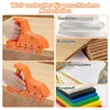 A collage showing an orange hand planer being used on wood, along with images of different materials it can be used on: drywall, cork board, soundproofing panels, and plastic sheets. Produktbild-Vorschau