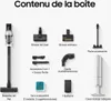 A collage of vacuum cleaner accessories and components, with the main vacuum cleaner and charging station shown. Voir les images du produit